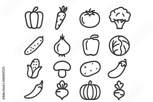 Vegetable line icon set. Fresh organic veggies pictogram collection. Carrot, tomato, pepper, broccoli for healthy diet. Vegetarian farm food for cooking. Vegan outline icons.