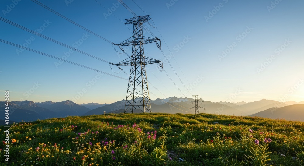 Obraz premium Mountain Meadow with Power Lines and Sunrise
