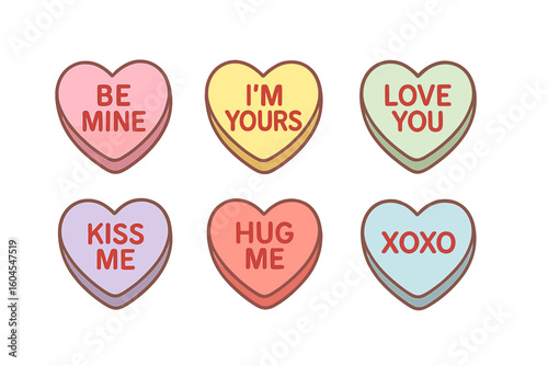 Sweetheart candies vector set. Conversation sweets for Valentines day. Cute pastel sugar food hearts with love messages isolated on white. Romantic holiday illustration.