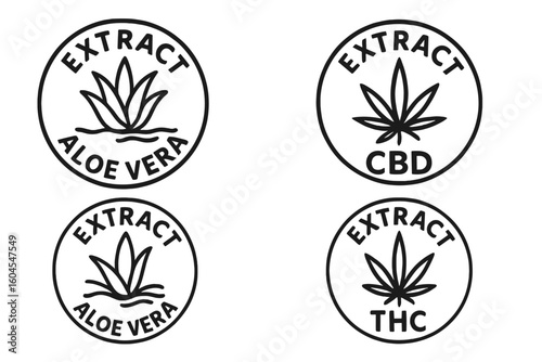 Aloe Vera, CBD, THC cannabis extract icon set. Natural cosmetic ingredient stamp collection. Vector logo for packaging. Plant based, organic, herbal, hemp, marijuana symbol.