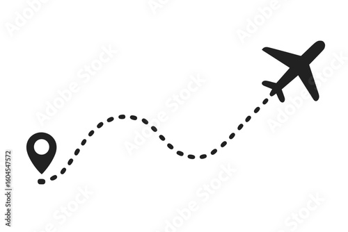 Airplane flight path with location pin. Travel route concept. Start and destination points on a map. Dotted line track for journey, tourism or vacation. Vector icon.