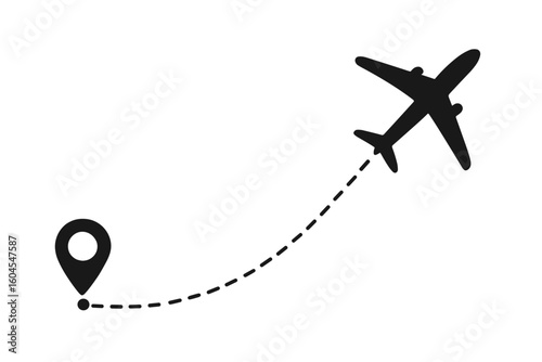 Airplane flight path with location pin. Travel from start point. Aircraft flying on dotted line route. Journey, trip icon. Map destination, gps navigation symbol. Vector.