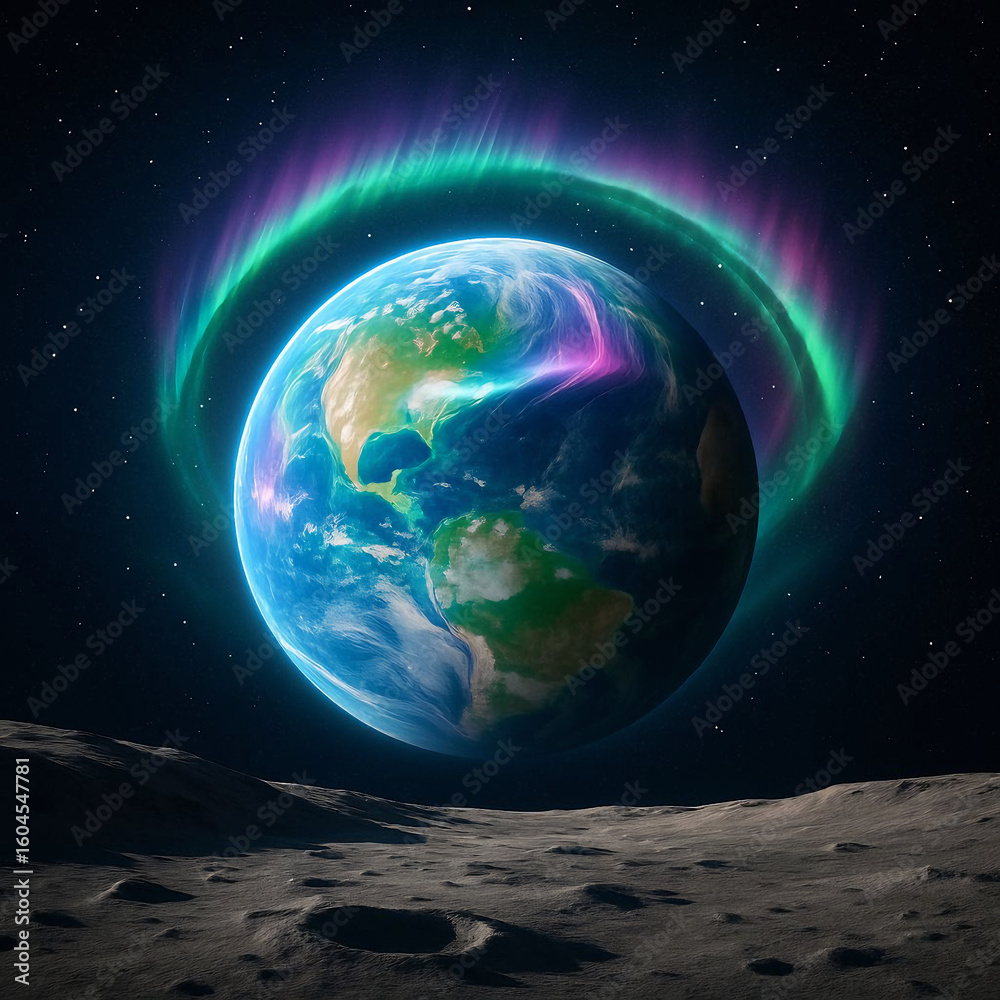 Obraz premium Earth seen from the Moon with an aurora borealis