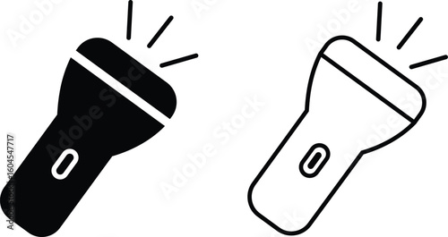 Hand torch flashlight set, black vector collection of electric lantern group in flat and line style, portable light, battery lamp, emergency beam outline, glowing tool icon bundle