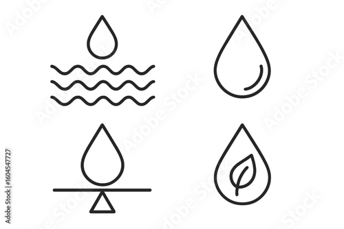 Water drop and eco balance line icon set. Clean natural water, sustainability and environment concepts. Outline pictogram vector for web design and mobile applications.