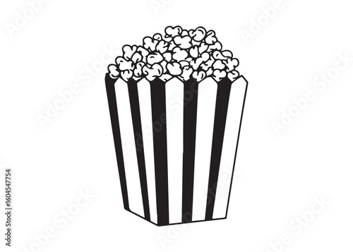 Striped Popcorn Bucket Filled with Fluffy Kernels for Movie Snack.