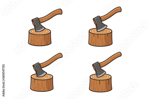Woodcutter axe in log stump vector icon set. Lumberjack tool for chopping wood and cutting firewood. Forestry and logging equipment concept. Sharp blade weapon cartoon.