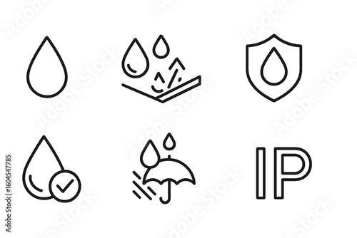 Waterproof line icon set. Water resistant, drop, moisture, waterproof material, water protection, and IP rating vector icons. Outline pictogram for web and technology.