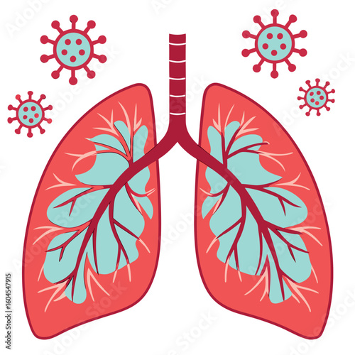 Red human lungs surrounded by viruses indicate respiratory infection or possible viral disease