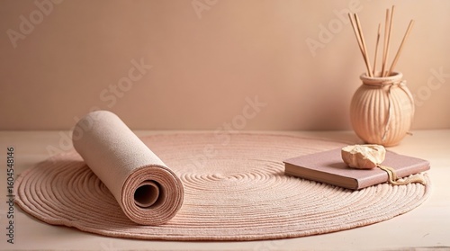 Minimalist Yoga Mat Set with Rolled Mat Notebook and Reed Diffuser on Soft Pink Rug