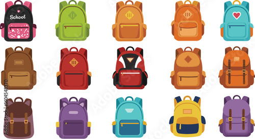 Colorful cartoon school backpacks collection, kids bag set for education, cute student backpack illustrations isolated on white background