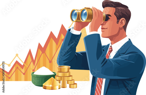 A man with binoculars looks at a graph with gold and rice in front of a world map illustration