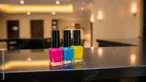 Three colorful nail polish bottles on a glossy black counter in focus for beauty care and salon concept