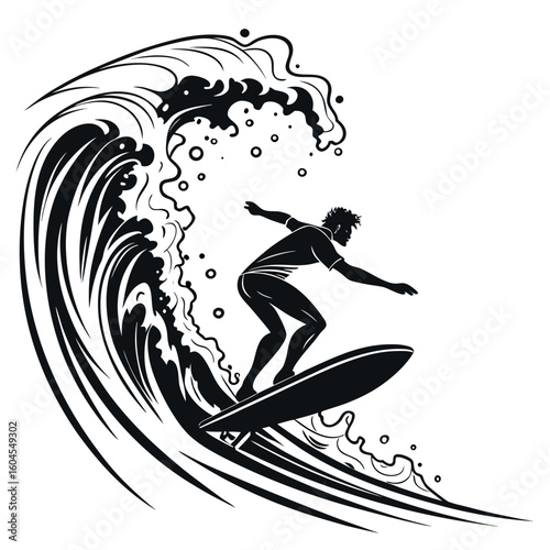 Silhouette man balances on surfboard while conquering a massive black and white wave