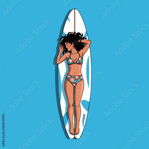 A surfer lying on a surfboard, sunbathing and relaxing while floating on the ocean under the warm sun. Perfect for posters, books, and online articles about surf culture and beach lifestyle