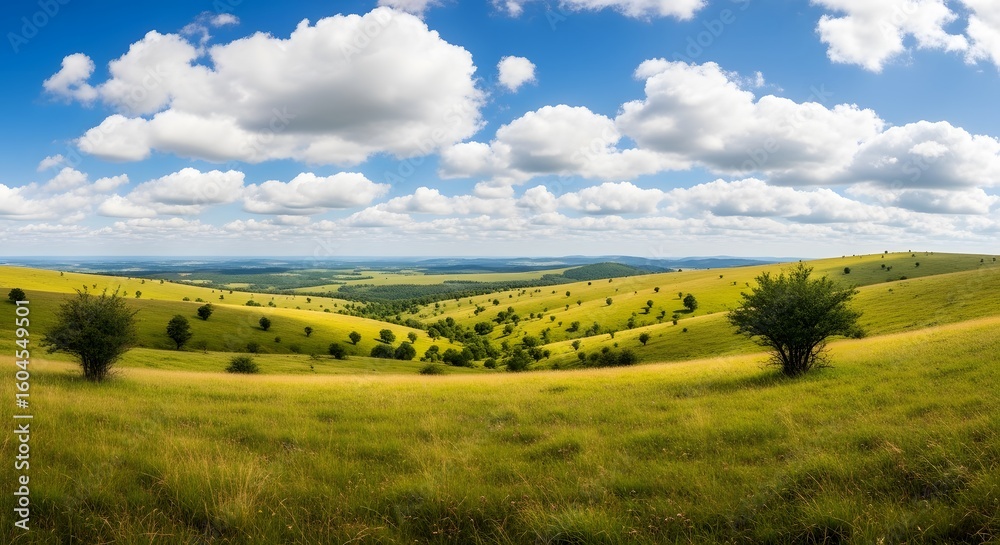 Fototapeta premium Rolling Hills and Clean Sky Landscape with Scattered Trees