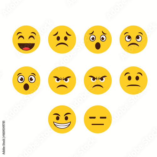 A collection of yellow round emoticons showing different facial expressions, including happy, sad, angry, and disappointed. Perfect for posters, book covers, or online articles about emotions, social 
