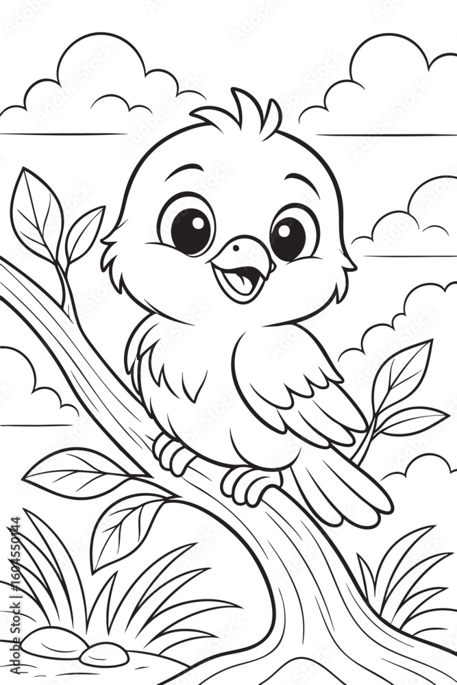 Obraz premium Black and white line drawing of a happy baby bird sitting on a branch with leaves. A coloring book page for kids, in a cartoon vector style with bold outlines and simple shapes. 
