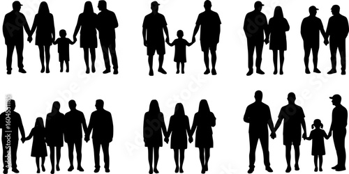 silhouettes of various people, including couples, families, and individuals, against a white background, black and white 