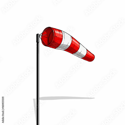 A windsock installed at an airport to show wind direction and speed. Essential for flight safety, takeoff, and landing preparations. Perfect for posters, book covers, or online articles about aviation