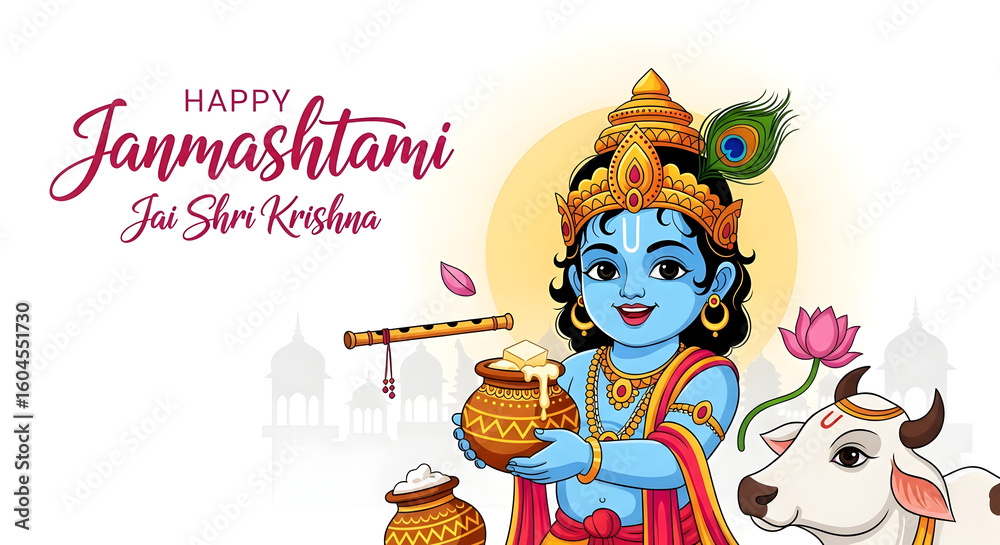 Fototapeta premium Happy Janmashtami! Lord Krishna with Butter Pot and Flute