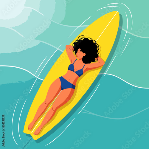 A surfer lying on a surfboard, sunbathing and relaxing while floating on the ocean under the warm sun. Perfect for posters, books, and online articles about surf culture and beach lifestyle
