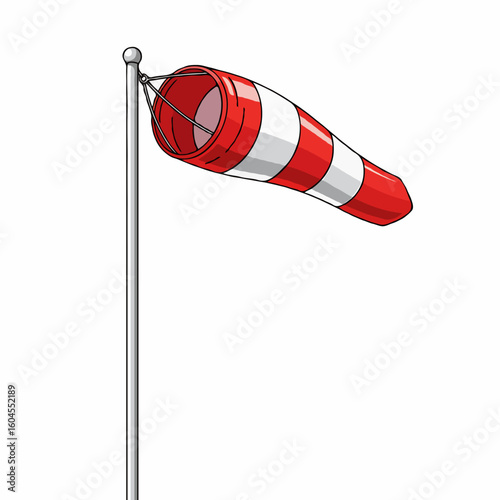 A windsock installed at an airport to show wind direction and speed. Essential for flight safety, takeoff, and landing preparations. Perfect for posters, book covers, or online articles about aviation