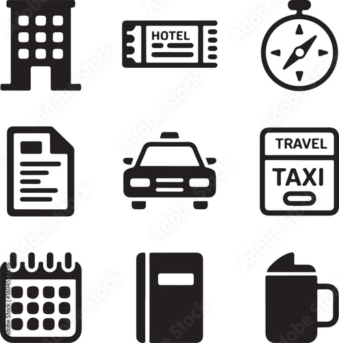 Modern Travel Icons Grid Hotel, Plane Ticket, Compass, Taxi, Travel Insurance, Calendar, Guidebook, and Travel Mug