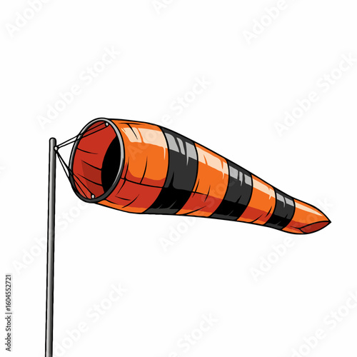 A windsock installed at an airport to show wind direction and speed. Essential for flight safety, takeoff, and landing preparations. Perfect for posters, book covers, or online articles about aviation