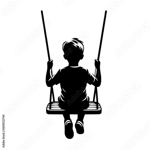 Black and White Vector Silhouette of a Boy on a Swing