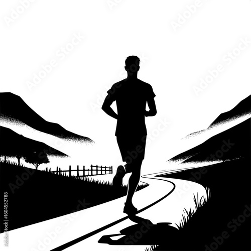 Black and White Vector Silhouette of a Man Jogging on a Trail