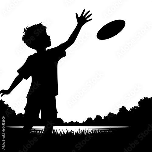Black and White Vector Silhouette of a Boy Playing with a Frisbee