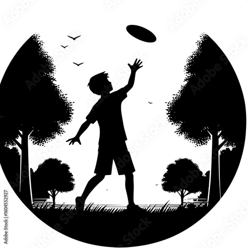Black and White Vector Silhouette of a Boy Playing with a Frisbee