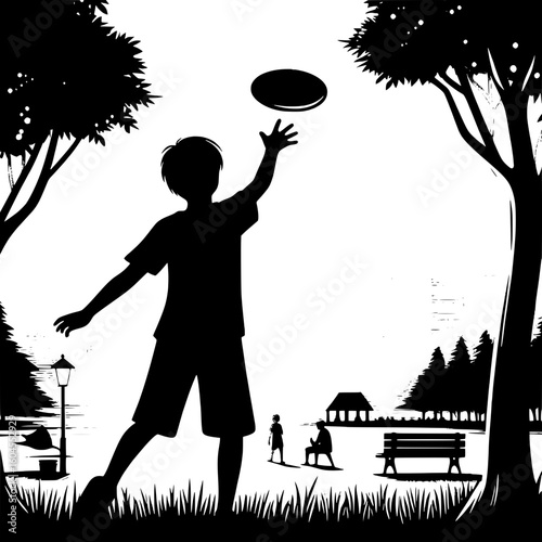 Black and White Vector Silhouette of a Boy Playing with a Frisbee