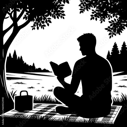 Black and White Vector Silhouette of a Man Reading a Book on a Blanket