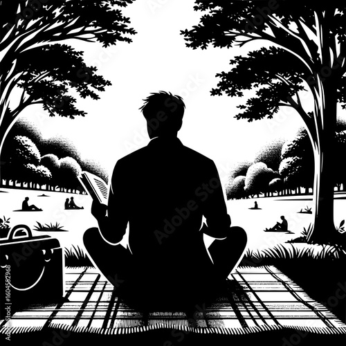 Black and White Vector Silhouette of a Man Reading a Book on a Blanket