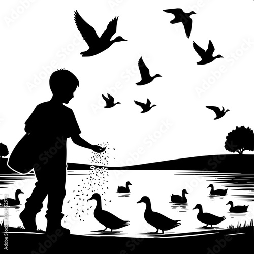 Black and White Vector Silhouette of a Boy Feeding Ducks at a Pond