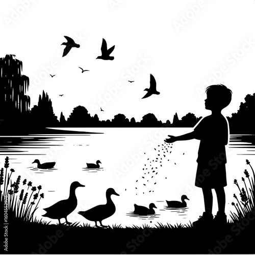 Black and White Vector Silhouette of a Boy Feeding Ducks at a Pond
