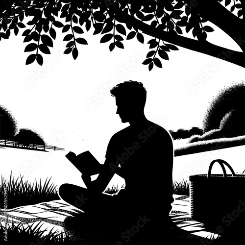 Black and White Vector Silhouette of a Man Reading a Book on a Blanket