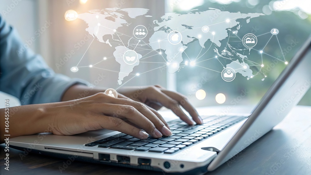 Obraz premium Person typing on a laptop with a glowing digital world map overlay