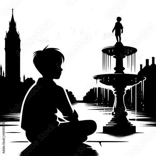 Black and White Vector Silhouette of a Boy Sitting by a Fountain