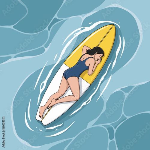 A surfer lying on a surfboard, sunbathing and relaxing while floating on the ocean under the warm sun. Perfect for posters, books, and online articles about surf culture and beach lifestyle