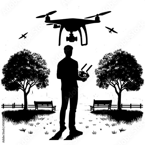 Black and White Vector Silhouette of a Man Flying a Drone