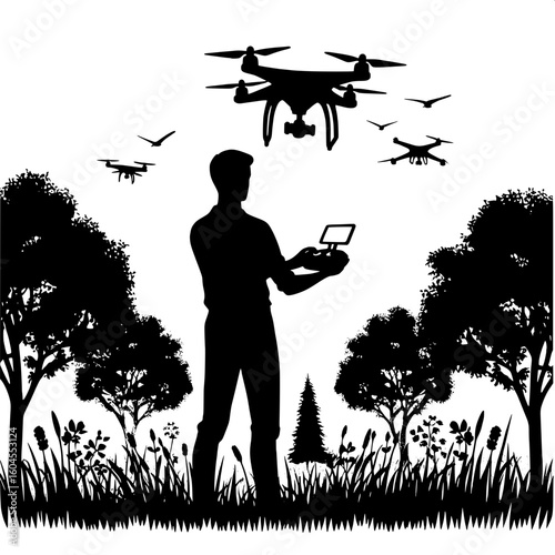 Black and White Vector Silhouette of a Man Flying a Drone