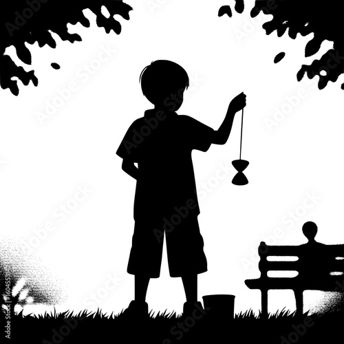 Black and White Vector Silhouette of a Boy Playing with a Yo-Yo