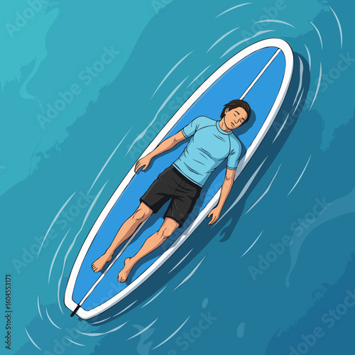 A surfer lying on a surfboard, sunbathing and relaxing while floating on the ocean under the warm sun. Perfect for posters, books, and online articles about surf culture and beach lifestyle