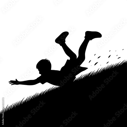 Black and White Vector Silhouette of a Boy Rolling Down a Hill
