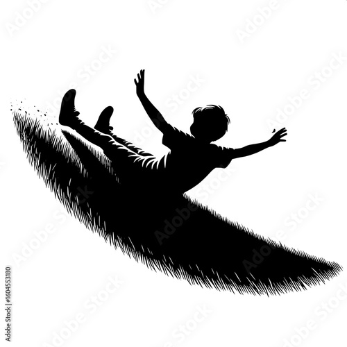 Black and White Vector Silhouette of a Boy Rolling Down a Hill