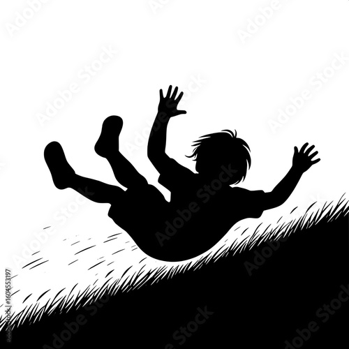 Black and White Vector Silhouette of a Boy Rolling Down a Hill