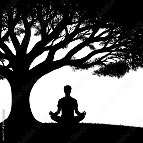 Black and White Vector Silhouette of a Man Sitting Cross-legged Under Tree